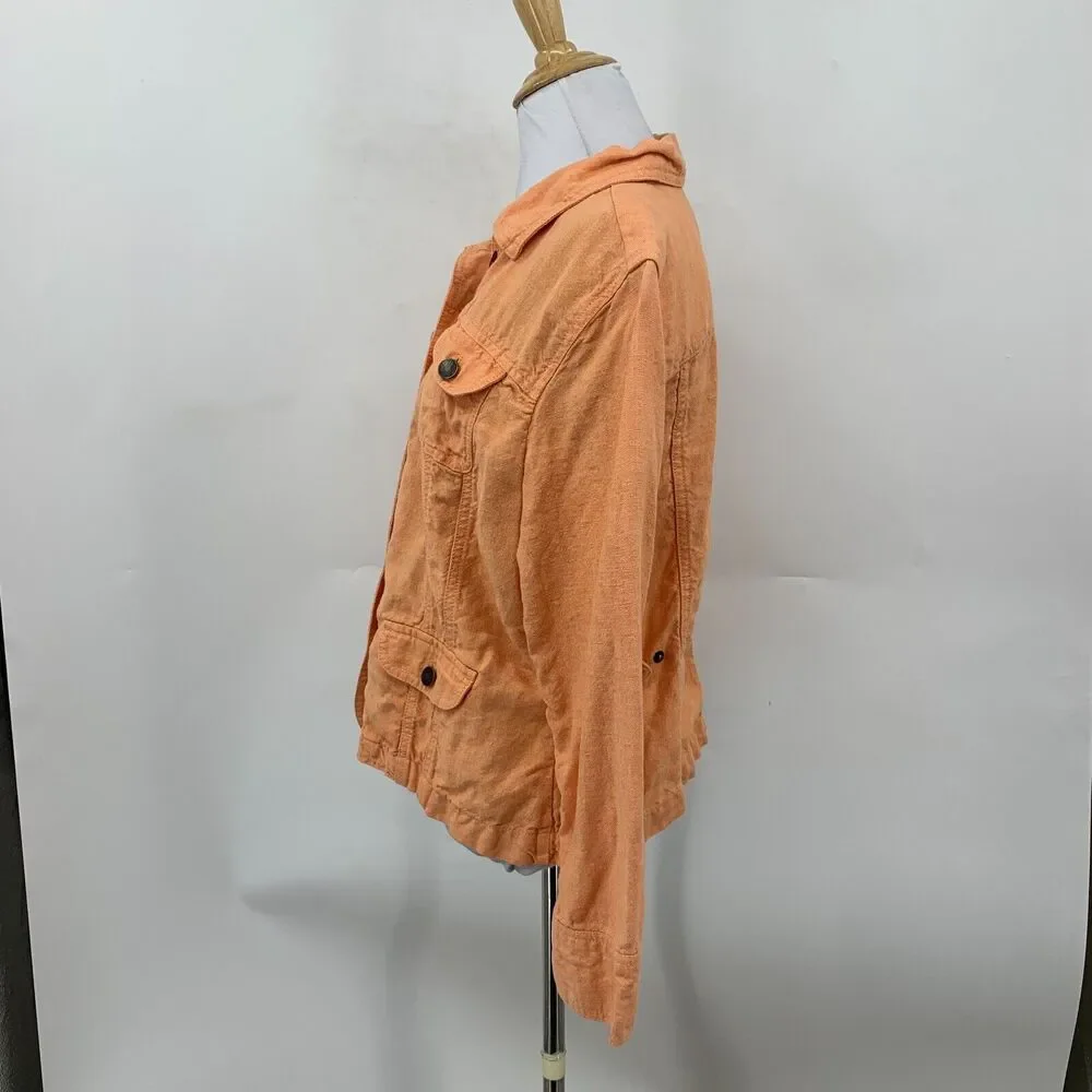 J Jill Linen Utility Jacket Womens MP Medium Petite Amber Button Up Long Sleeve